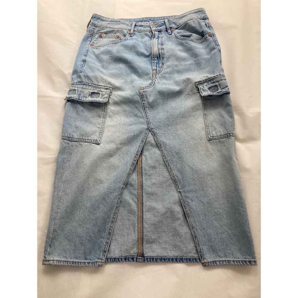 American Eagle Outfitters Jean Skirt Size 6 Midi Light Wash Denim Cargo Boho